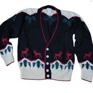 Vintage Vitruvian Designs Hand Knit Wool Cardigan Ugly Christmas Sweater SZ L